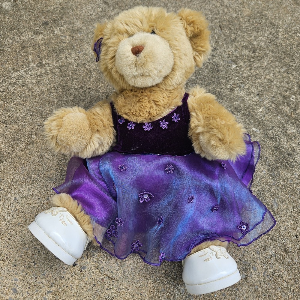 Build a Bear Plush Teddy Dress Purple Velvet Sequin Flower Iridescent Sleeveless